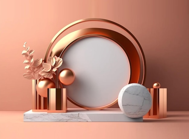 3D Render of gold photoframe and podiums. Roman podium white for cosmetic product on background