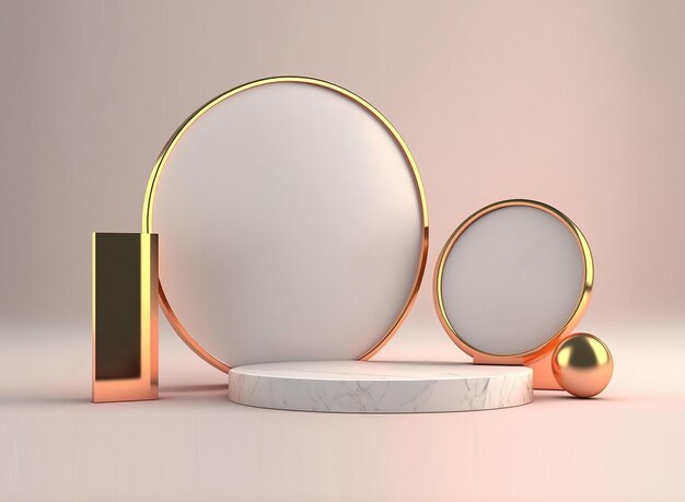 3D Render of gold photoframe and podiums. Roman podium white for cosmetic product on background