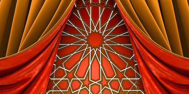 3d render of gold and red curtain with arabesque style Arabic islam culture moroccan culture