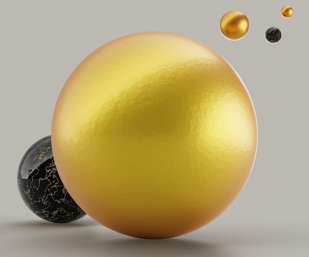 Photo 3d render gold sphere and black marble ball abstract geometric shapes metal and stone decorative elements jewelry beads luxury realistic scene with circle figures and pearls 3d illustration