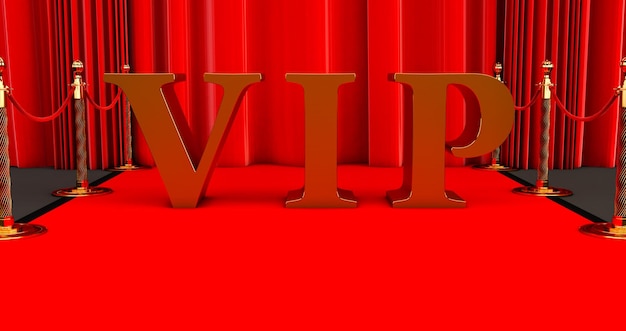 3D render of gold vip word on a red carpet with barriers