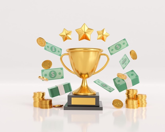 3d render gold winners trophy with stars and coin. golden profit and currency concept victory prize.