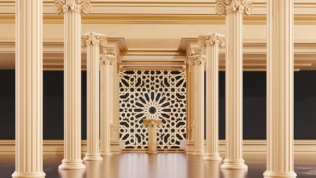 3D render of golden ancient column display podium Podium for display product with arabesque style