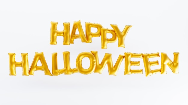 3D render of golden balloon text of Happy Halloween isolated on white background