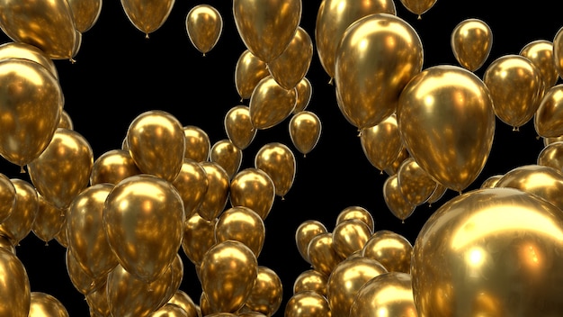 3d render golden balloons on a black background