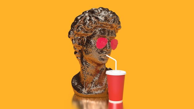 3d render golden bust david in sunglass drink Yellow background