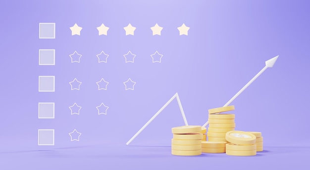 3d render of golden coins stack with growing bar graph in saving money for goal Concept Customer satisfaction Choices rating from 1 star to 5 stars light Minimal pastel scene Users giving rating