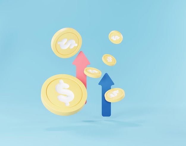 3d render of golden dollar coins stack in saving money for goal with arrow graph design Concept Minimal pastel scene Growth financial model Digital payment Money Cash flow management