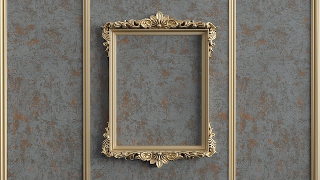 3D render of golden empty frame on old wall gold frames on grunge background Vintage background