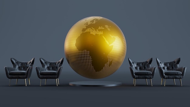 3d Render of golden globe withe black armchair on a black pedestal