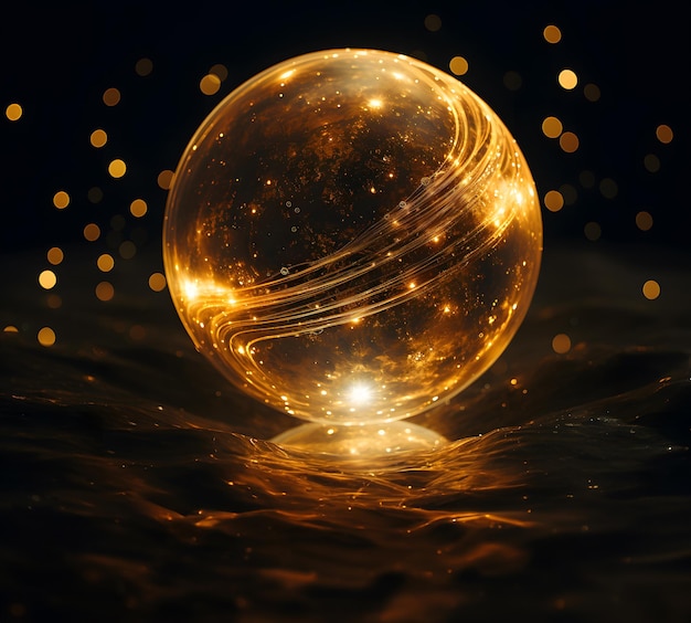 3D render of a golden planet on a dark background with bokeh golden planet on a black background