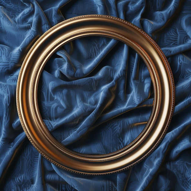 3D Render of Golden Round Frame on Dark Blue Fabric Background