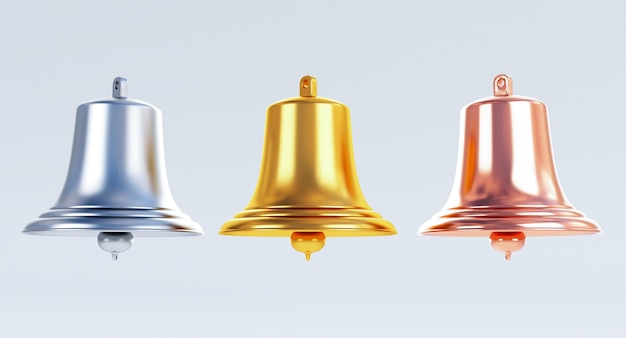 3d render of Golden, silver and bronze bells isolated on white background, New Year celebration concept