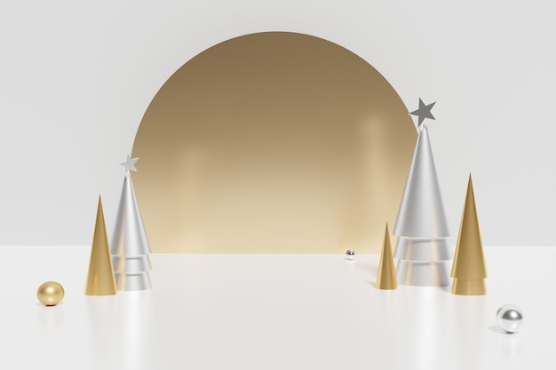 3d render golden and silver cone Christmas trees with spheres on a white background for Xmas