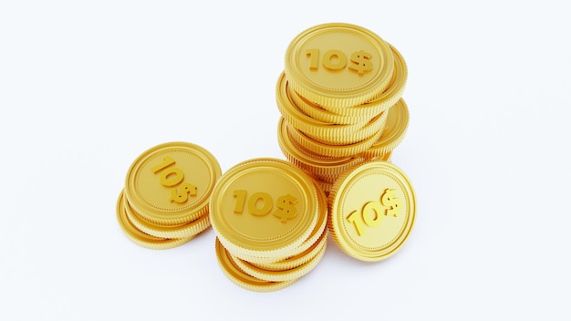 3D render of golden stack coins isolated on a white background ten dollar coins