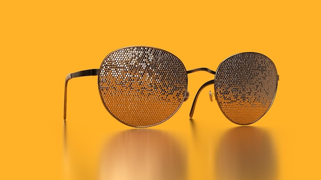 3d render golden sunglass in yellow background