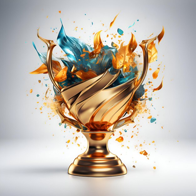 3d render of golden trophy cup with colorful splashes and ribbons