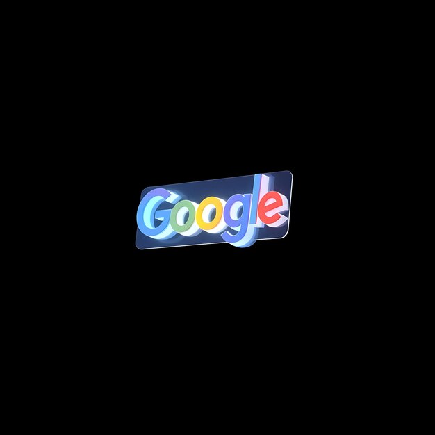 Photo 3d render google logo extruded from clear frosted plastic floating at a 60 degree angle neon blue