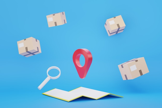 3d render of GPS locate mark icon and map surround with floating cardboard parcel box