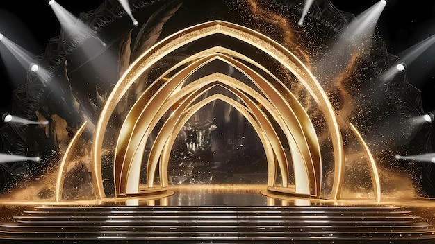 3D Render of a Grand Stage Opening by a Golden Glow and Shimmering With Glitter