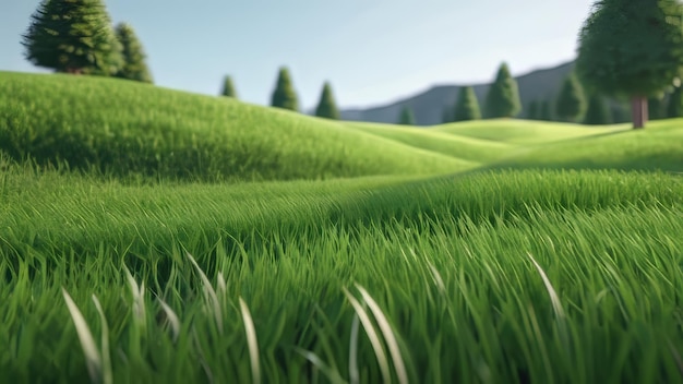 3d render of grass in a meadow with mountains in the background