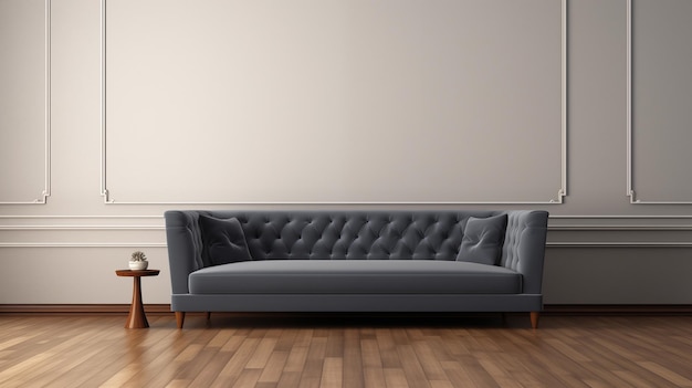 3D render of gray sofa standing on wooden floor