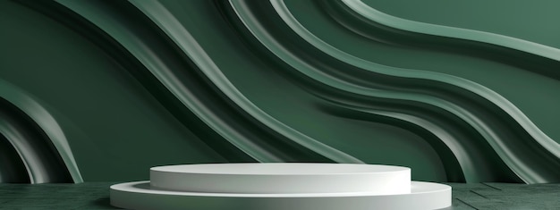 3d render of a green background podium with wavy abstract wall