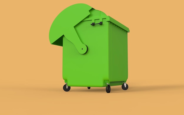 3d render of a green garbage container on a yellow background with different views