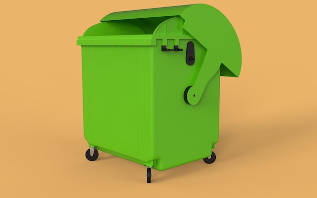 3d render of a green garbage container on a yellow background with different views