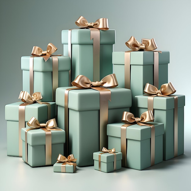 3D render of green gift boxes with gold bows on grey background