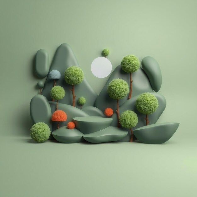 Photo 3d render of green platform with a green background surrounded by trees and rounded shapes