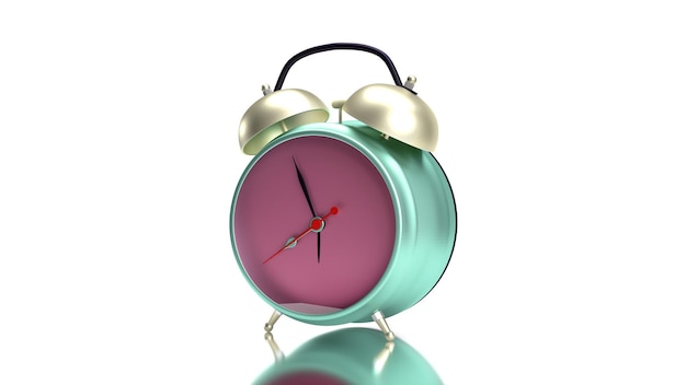 3d render green and rose alarm metal iron clock isolated in white background