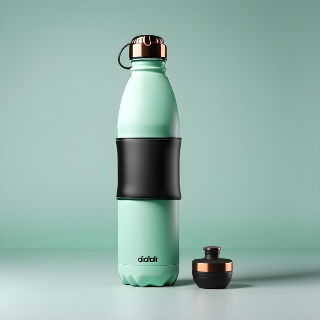 3d render of a green water bottle with a black label and a black lid