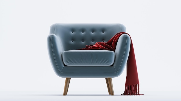 3D render of grey sofa with red scarf isolated on white background