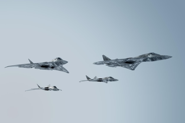 3D render Group of modern Combat aircraft 5th or 6th generation fighter in the sky Combat aviation Air Force new technologies photorealistic graphics mixed media 3D illustration