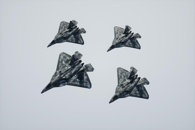 3D render Group of modern Combat aircraft 5th or 6th generation fighter in the sky Combat aviation Air Force new technologies photorealistic graphics mixed media 3D illustration