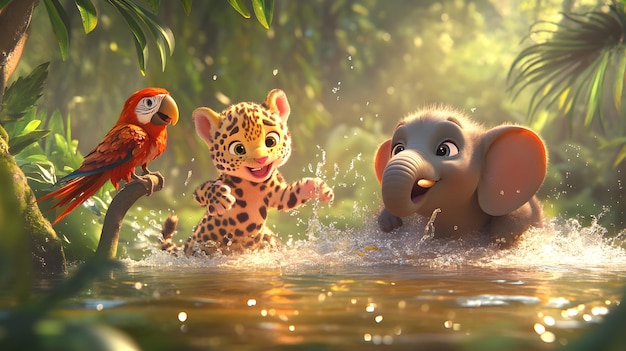 Photo 3d render of a group of wild animals playing in the water