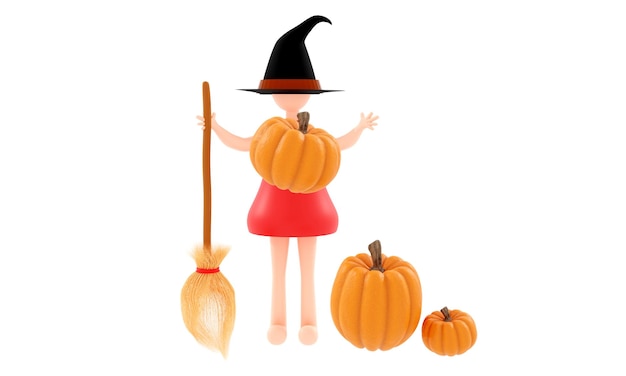 3d render Halloween background Cartoon witch holding a broom and pumpkins nearby 3d illustration