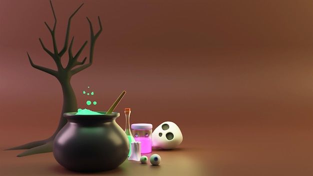 3D Render Of Halloween Elements As Skull Eye Balls Bare Tree Cauldron Candle And Potion Bottle On Brown Background