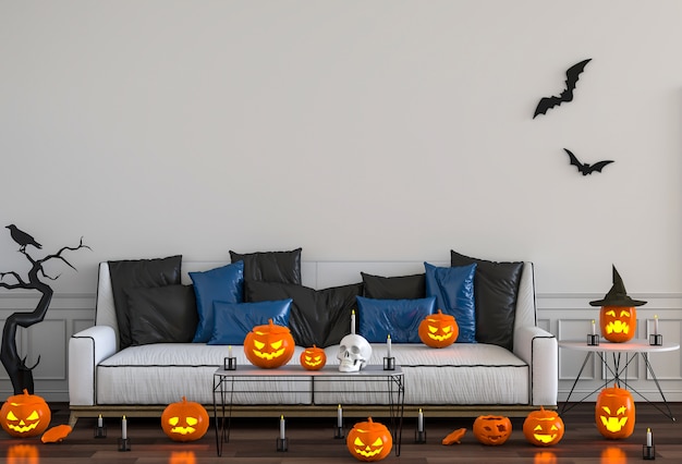 3D render of Halloween party in bed room pumpkins