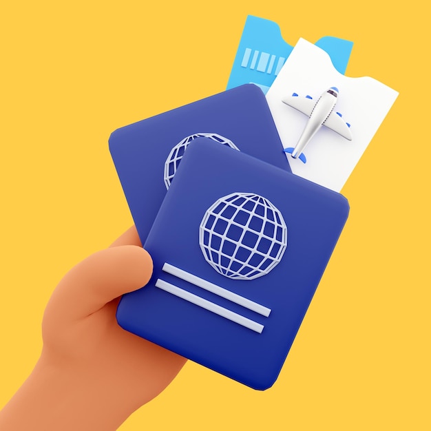 3d render hand holding passports 3d render travel tickets 3d render flying tickets illustration on yellow background