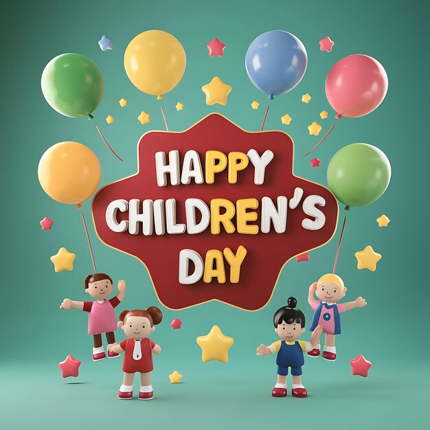 3d Render Happy Childrens Day illustration Social Post design with colorful balloons and stars