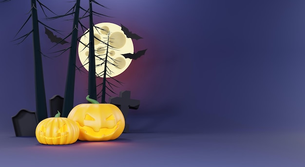 3d Render Happy Halloween Day background with night scene and cute spooky design Halloween pumpkins skull ghost and spider decorations on dark purple background Trick or Treat party celebrate