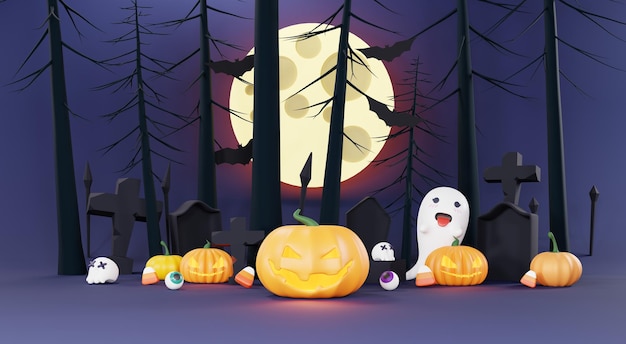 3d Render Happy Halloween Day background with night scene and cute spooky design Halloween pumpkins skull ghost and spider decorations on dark purple background Trick or Treat party celebrate