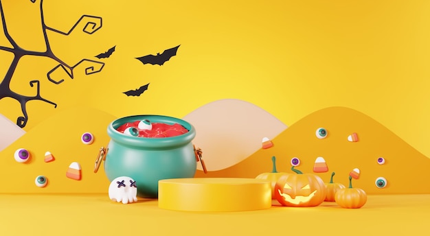 3d Render Happy Halloween Day background with Podium stand product and night scene and cute spooky design Halloween pumpkins skull ghost and spider decorations on dark orange background