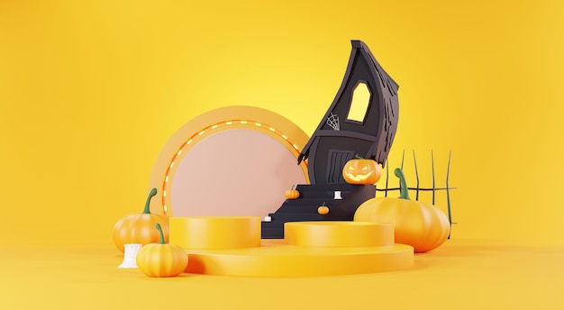 3d Render Happy Halloween Day background with Podium stand product and night scene and cute spooky design Halloween pumpkins skull ghost and spider decorations on dark orange background