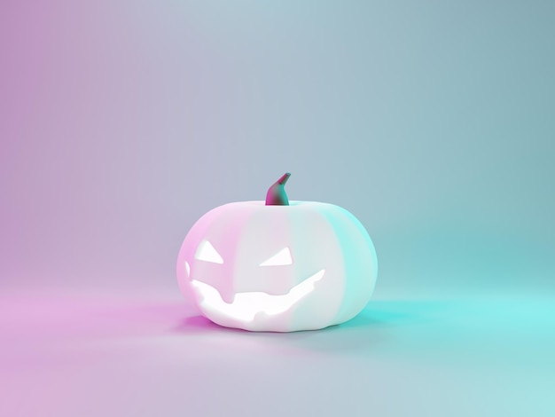 3d Render Happy Halloween Day White modern scene background with neon light and cute spooky design Halloween white pumpkins skull ghost and spider decorations Trick or Treat party celebrate