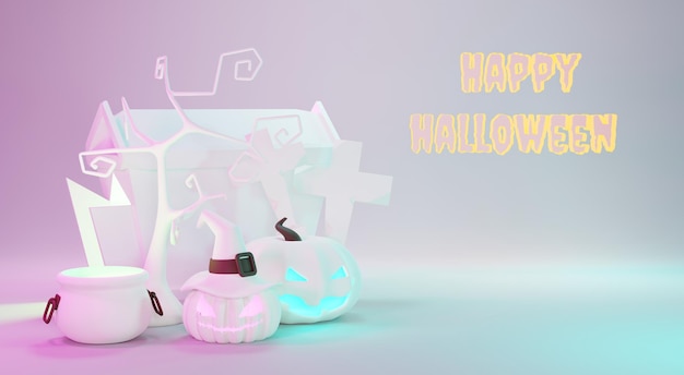 3d Render Happy Halloween Day White modern scene background with neon light and cute spooky design Halloween white pumpkins skull ghost and spider decorations Trick or Treat party celebrate