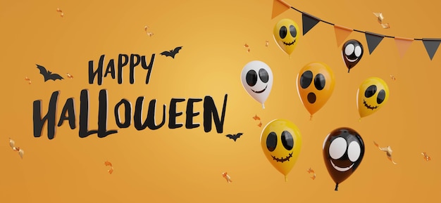 3d render of happy halloween with balloons,bat,flag garland.confetti on orange background.