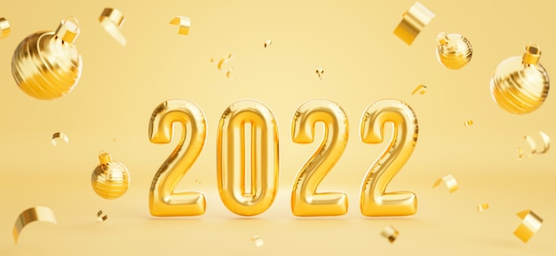 3d render of Happy new year 2022 gold balloons decoration with christmas ball,golden confetti